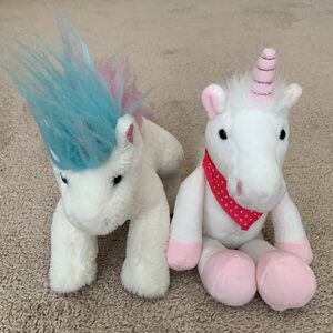Unicorn stuffed animals, 1 Mohawk pastel color unicorn, 1 cowboy unicorn, great